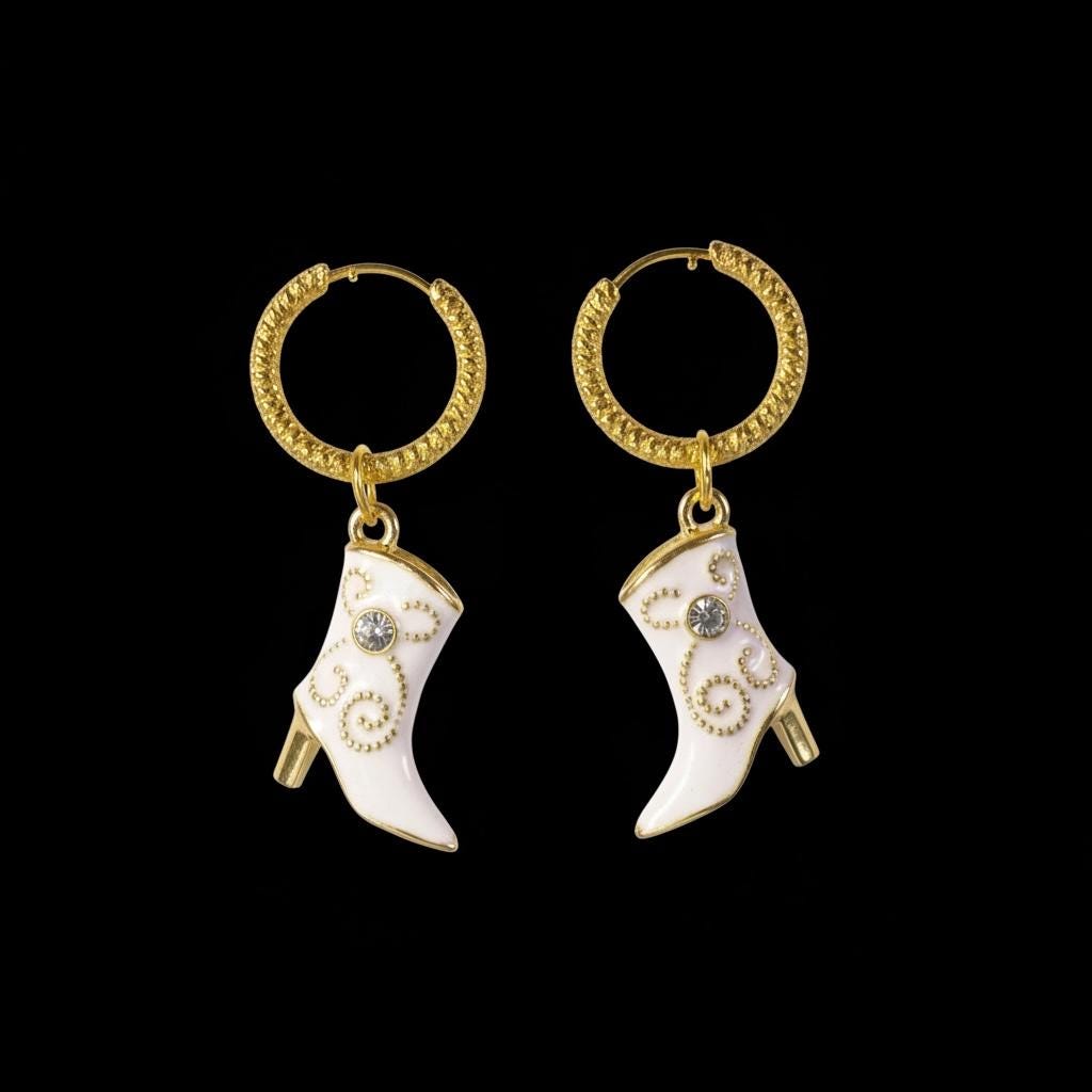 Gold Huggie Earrings: Baby Pink Cowgirl Boot, Crinkled Hoop