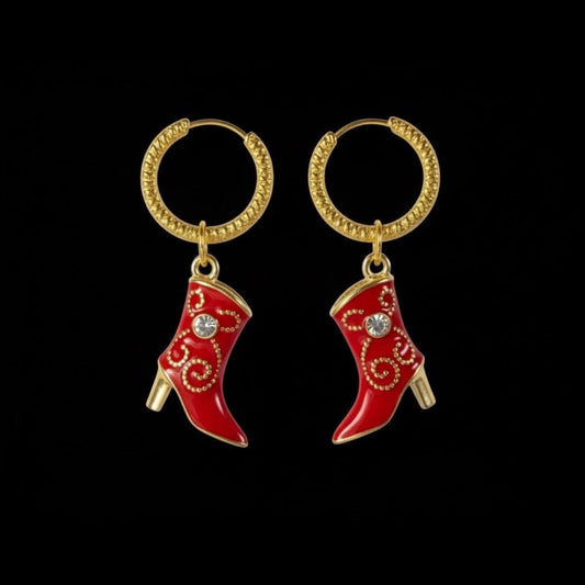 Gold Huggie Earrings: Red and Pink Cowgirl Boot, Crinkled Hoop
