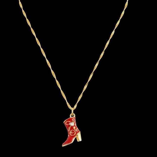 Red Cowgirl Boot Pendant Necklace on 18kt Gold Chain