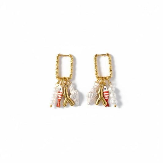 Golden Huggie Charm Earrings: Seashell, Coral, Fish and Pearl string
