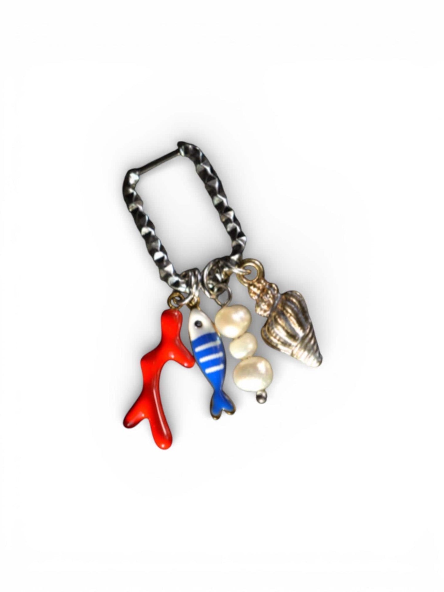 Golden Huggie Charm Earrings: Seashell, Coral, Fish and Pearl string