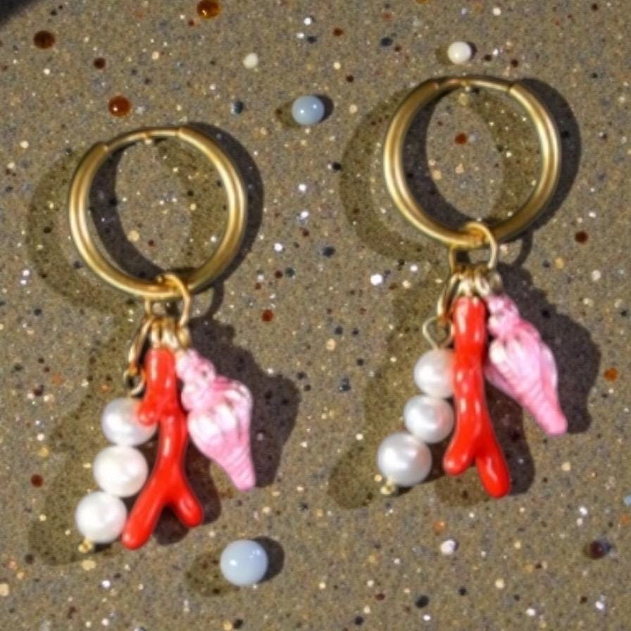Golden Huggie Charm Earrings: Seashell, Coral, Lobster.