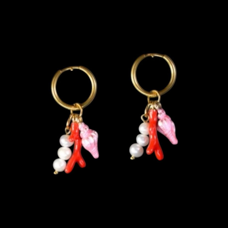 Golden Huggie Charm Earrings: Seashell, Coral, Lobster.