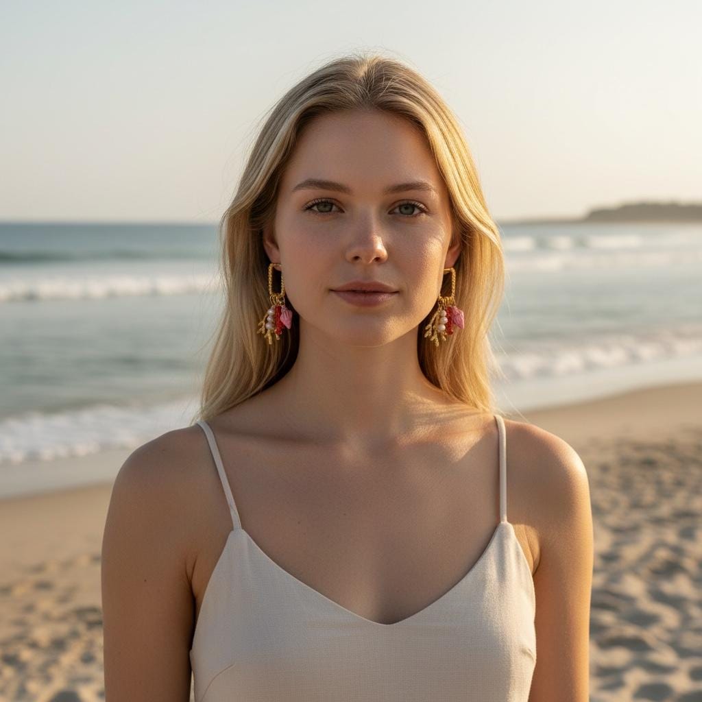 Golden Huggie Charm Earrings: Seashell, Coral, Lobster and Pearl string