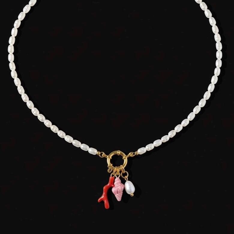 Seaside Charm Necklace: Coral, Seashell and Pearl string