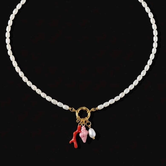 Seaside Charm Necklace: Coral, Seashell and Pearl string