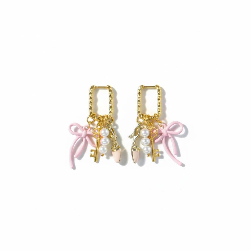 Golden Huggie Charm Earrings: Pink Bow, Shoe, Pearl & Key
