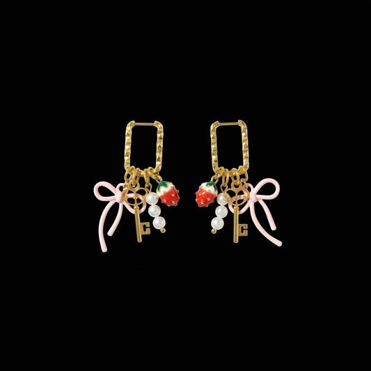 Golden Huggie Charm Earrings: Strawberry, Bow & Key