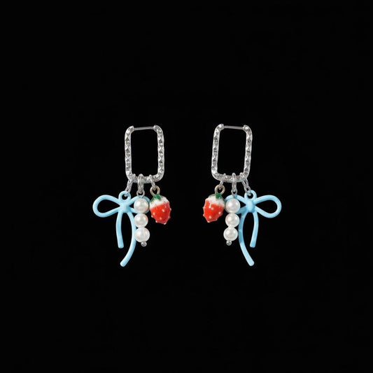 Silver Huggie Earrings: Strawberry, Pearl & Blue Bow Charms