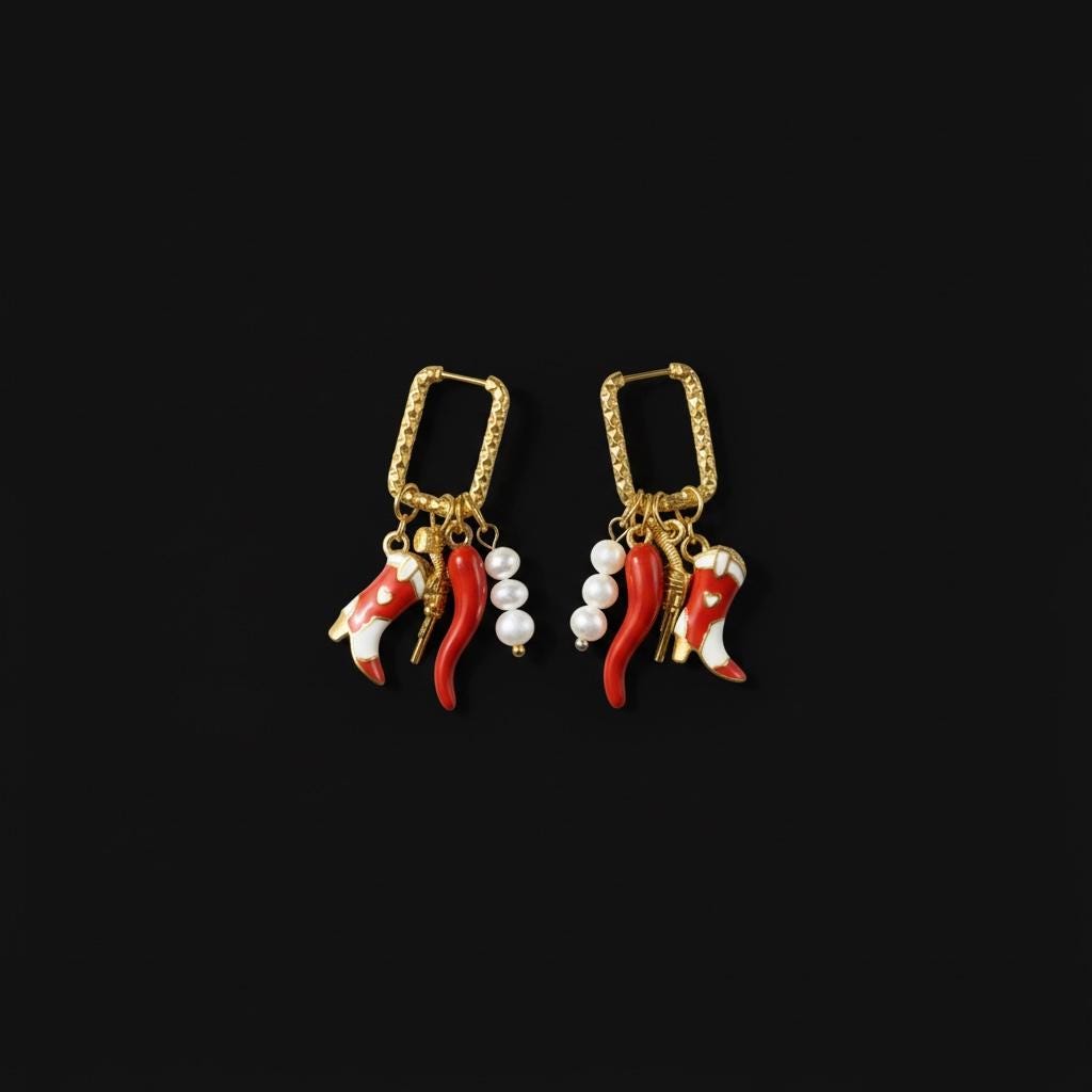 Golden Huggie Charm Earrings: Cowgirl Boot, Chilli, Pearl and Pistol