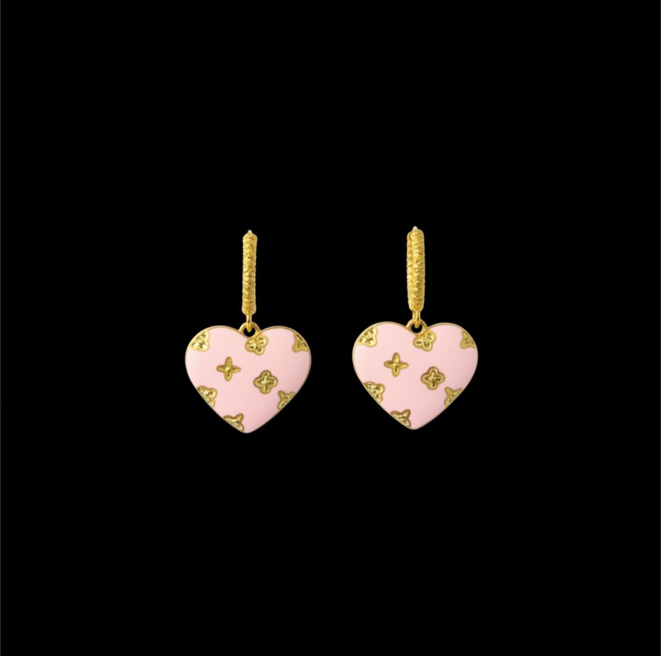 Golden Huggie Earrings: Pink French Heart, Crinkled Hoop