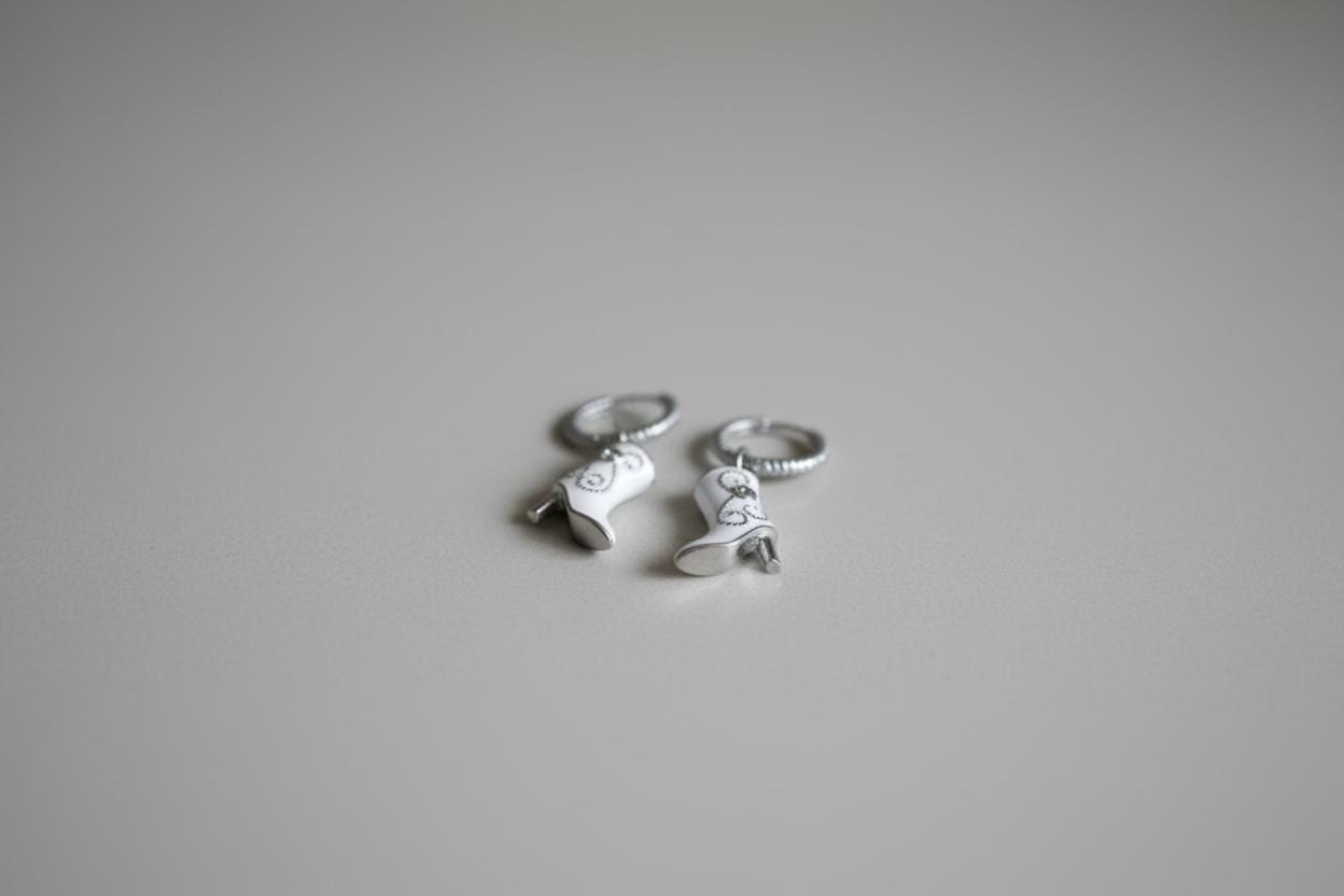 Silver Huggie Earrings: White and Pink Cowgirl Boot, Crinkled Hoop