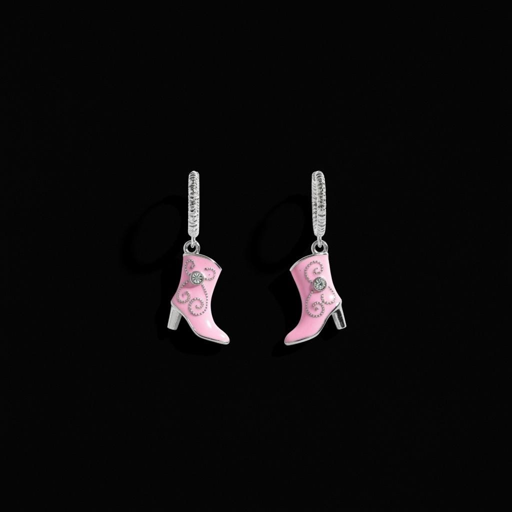 Silver Huggie Earrings: White and Pink Cowgirl Boot, Crinkled Hoop