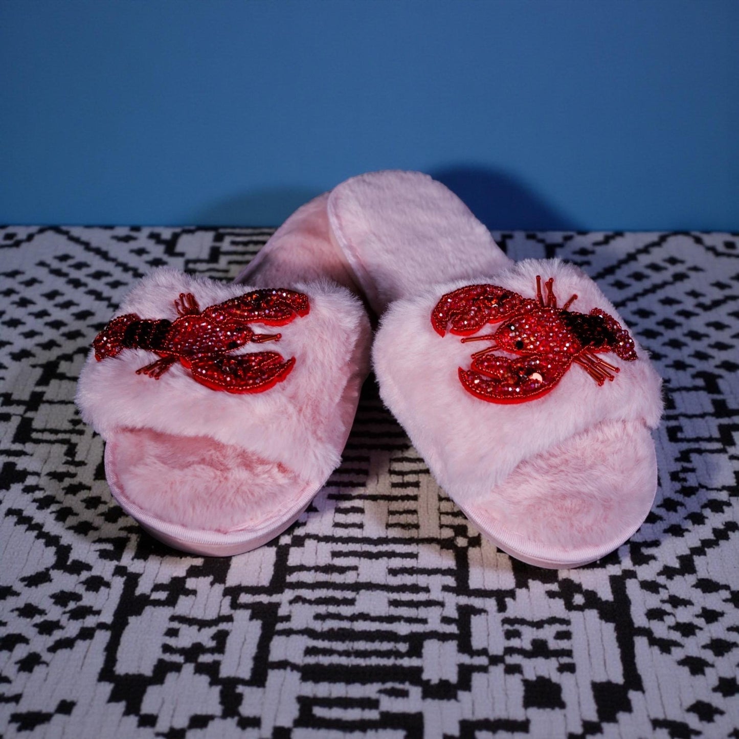 Luxury Pink Slippers with Beaded Lobster Decor