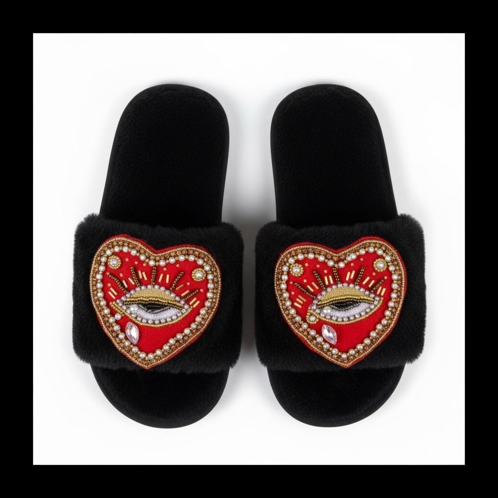 Luxury Pink/Black Slippers with Beaded Sacred Heart Embroidered decor