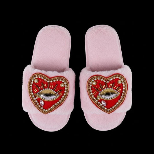Luxury Pink/Black Slippers with Beaded Sacred Heart Embroidered decor