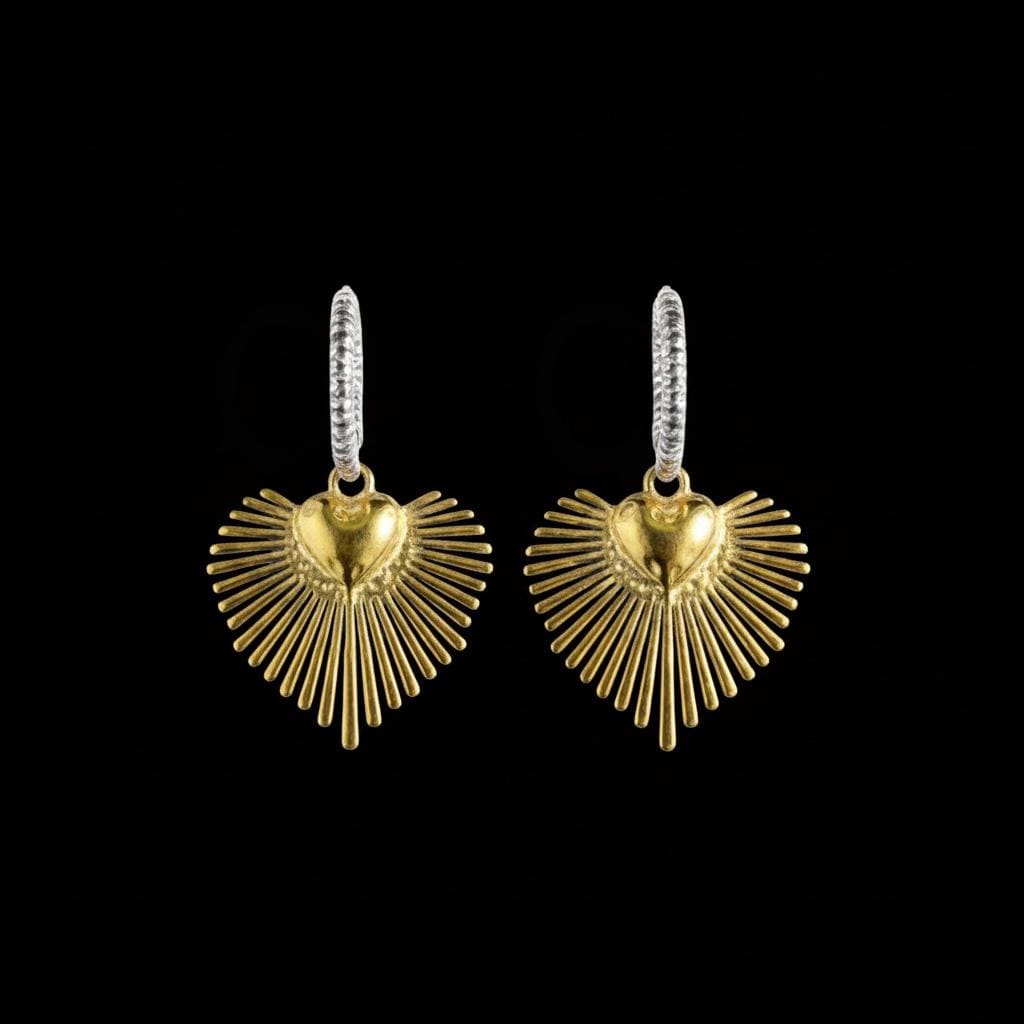 Golden Huggie Earrings: Golden Sacred Heart, Crinkled Silver Hoop