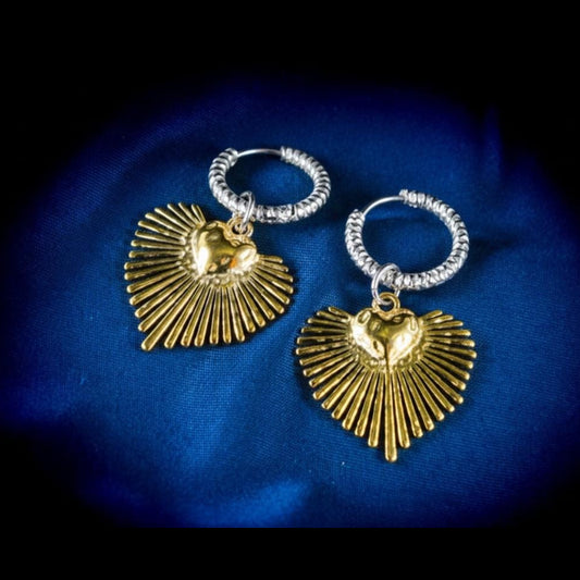 Golden Huggie Earrings: Golden Sacred Heart, Crinkled Silver Hoop