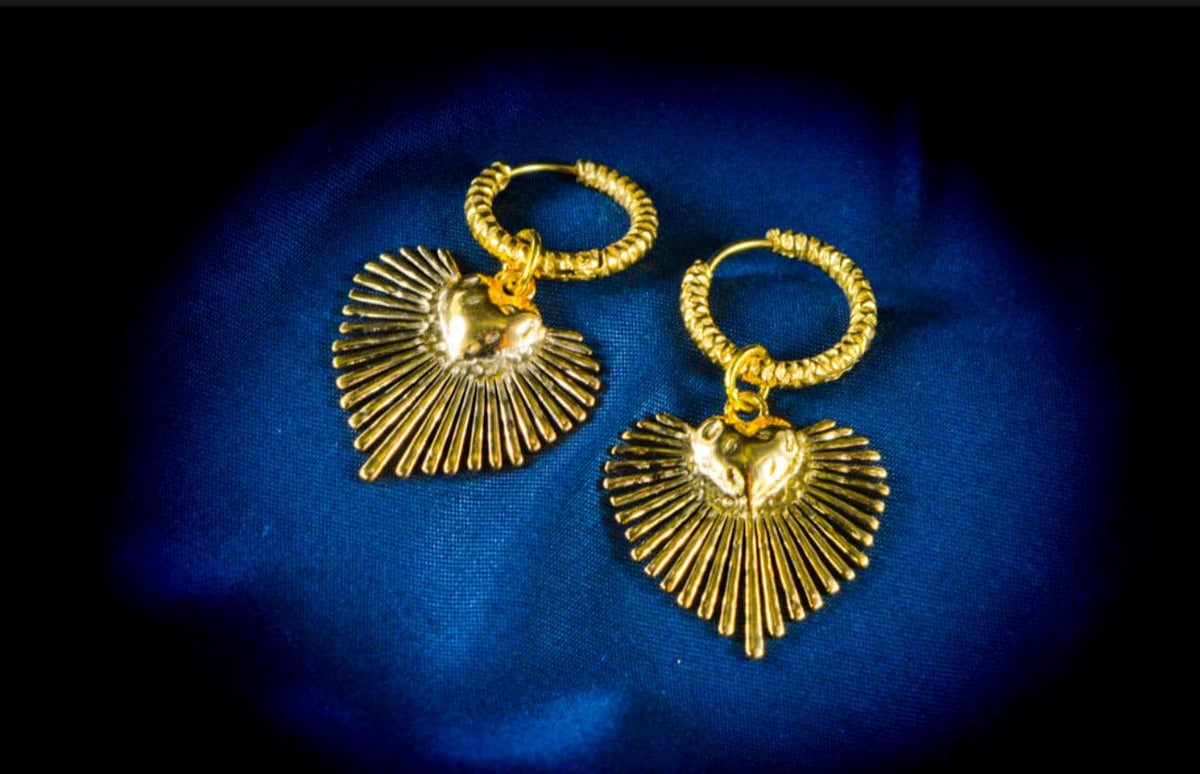 Golden Huggie Earrings: Golden Sacred Heart, Crinkled Silver Hoop