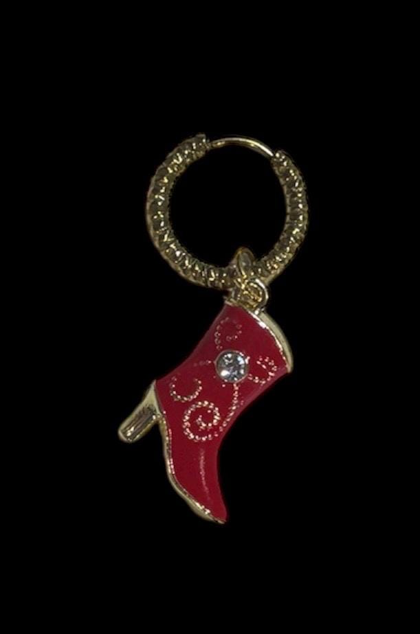 Gold Huggie Earrings: Red and Pink Cowgirl Boot, Crinkled Hoop