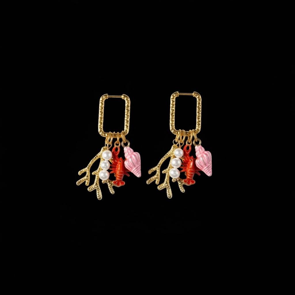 Golden Huggie Charm Earrings: Seashell, Coral, Lobster and Pearl string