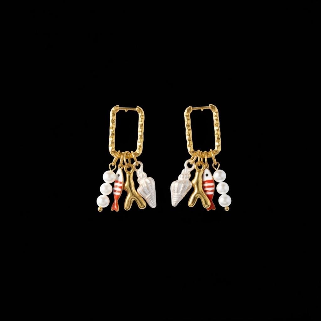 Golden Huggie Charm Earrings: Seashell, Coral, Fish and Pearl string