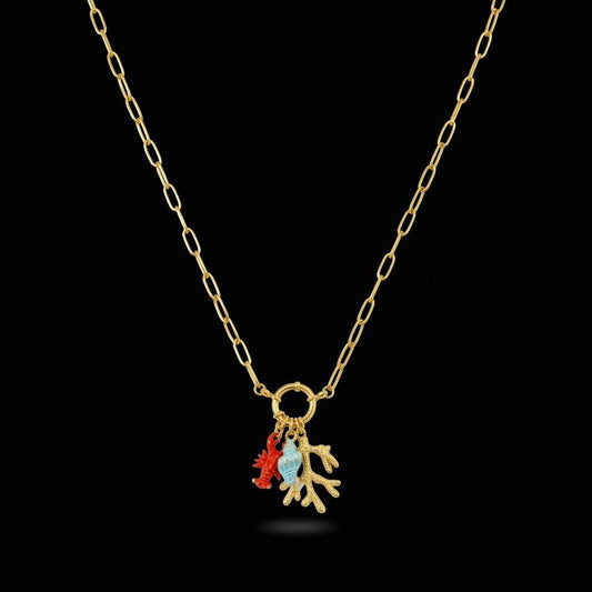 Seaside Charm Necklace: Lobster, Coral and Pearl string