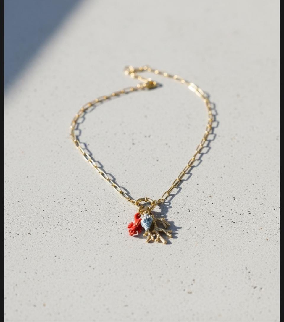 Seaside Charm Necklace: Lobster, Coral and Pearl string