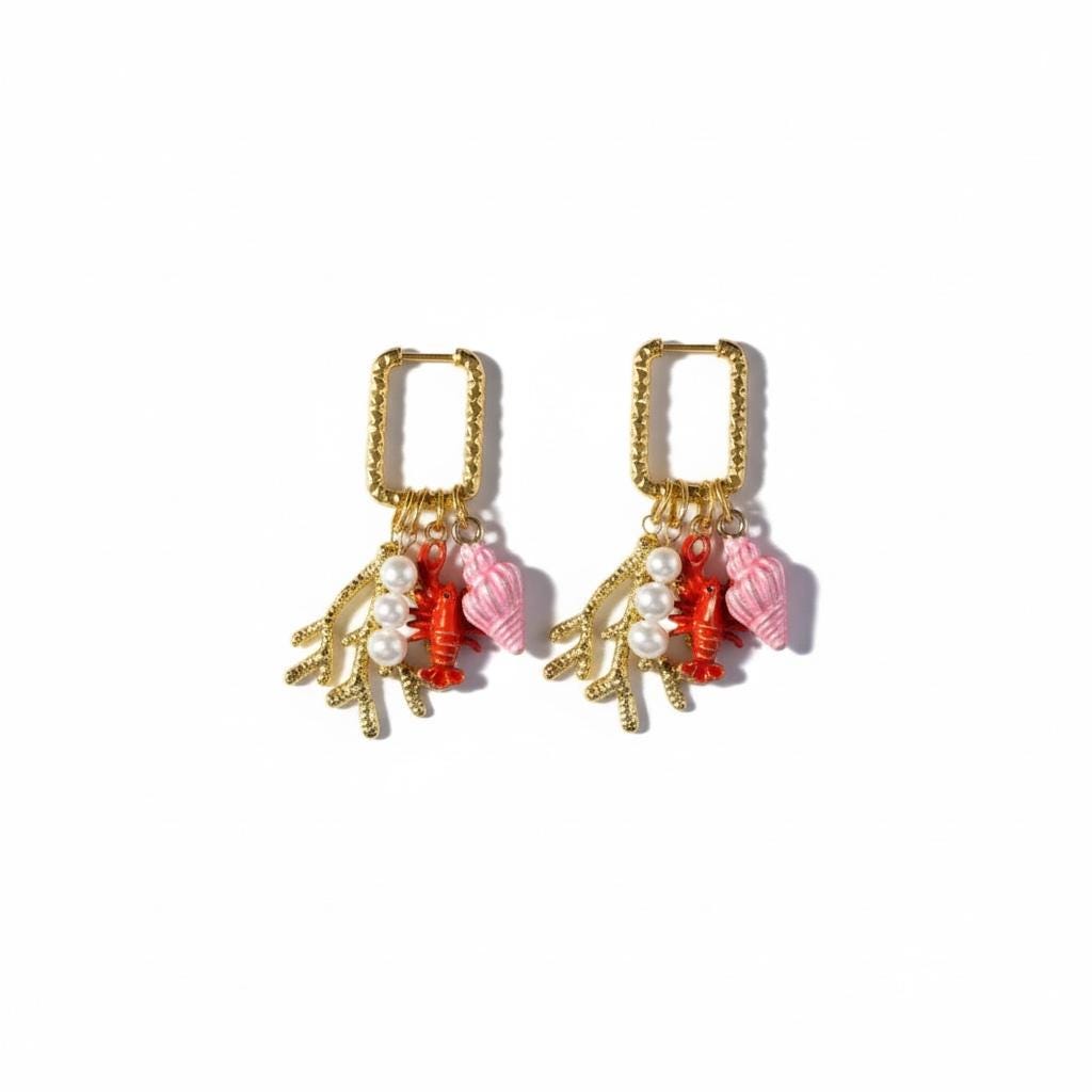 Golden Huggie Charm Earrings: Seashell, Coral, Lobster and Pearl string