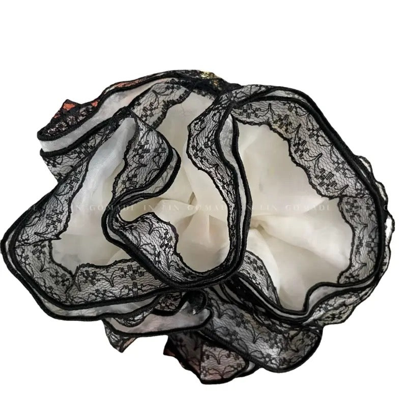 XL Jumbo White and Black Chiffon-Lace Chic Scrunchie